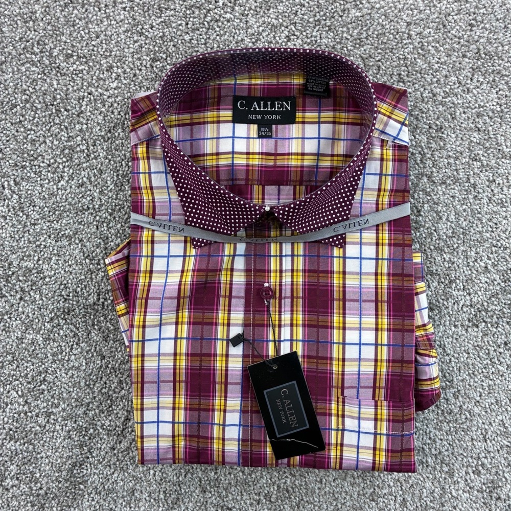 NEW C. Allen Dress Shirt Mens 18.5 34/35 Burgundy Plaid Polka Dot Trim NWT